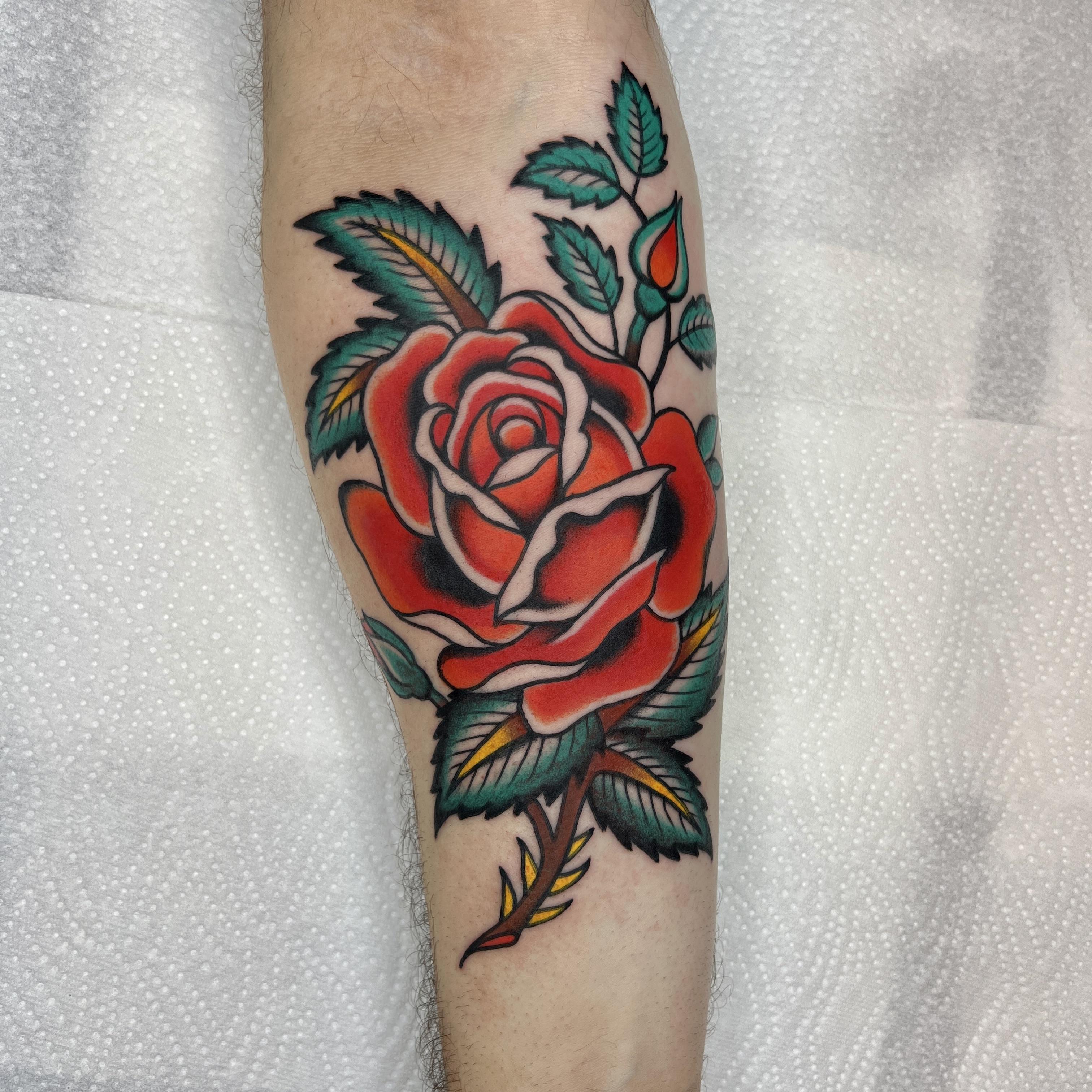 Traditional rose tattoo by Doro at Immer & Ewig, Hamburg.