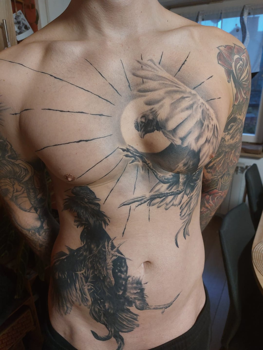 WIP Hahnenkampf by Florian Foltz at Coalblack Tattoo in Coburg, Germany