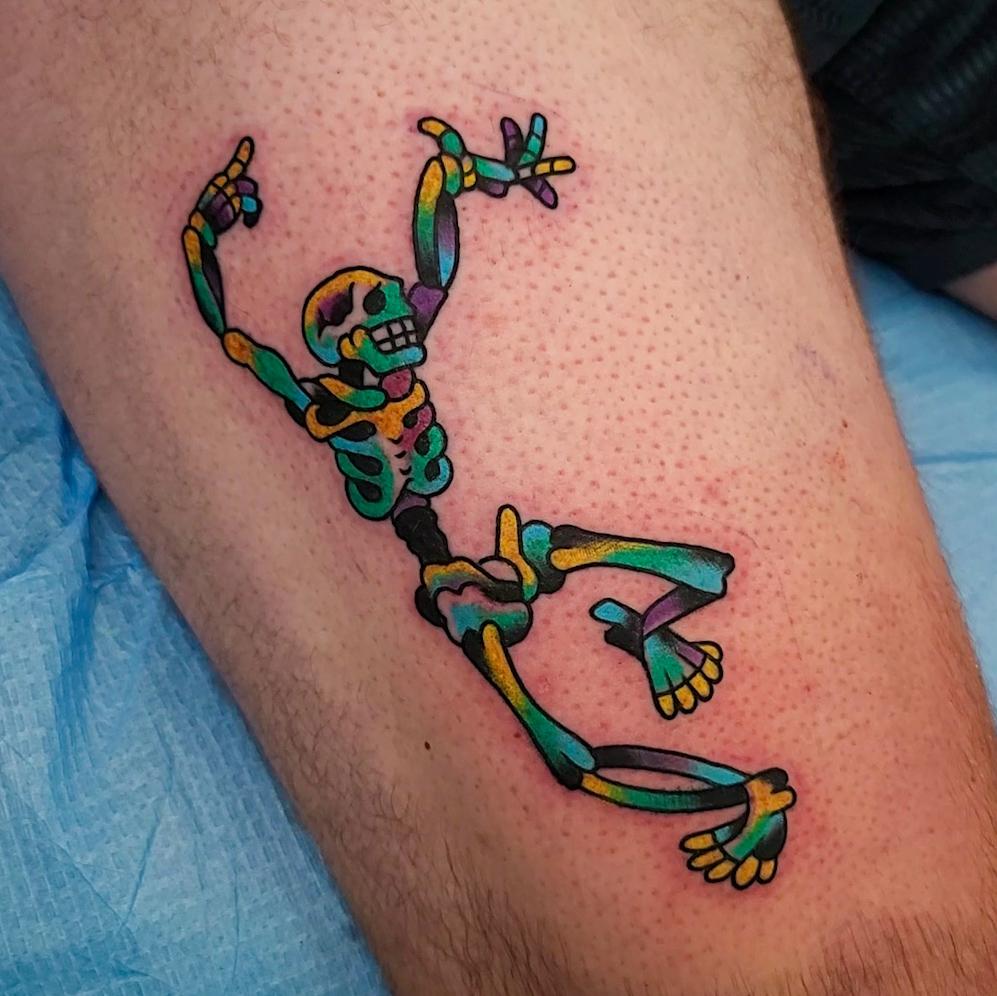 tiedye dancing skeleton by me, j kirsch, of sinful art tattoo in glassboro nj