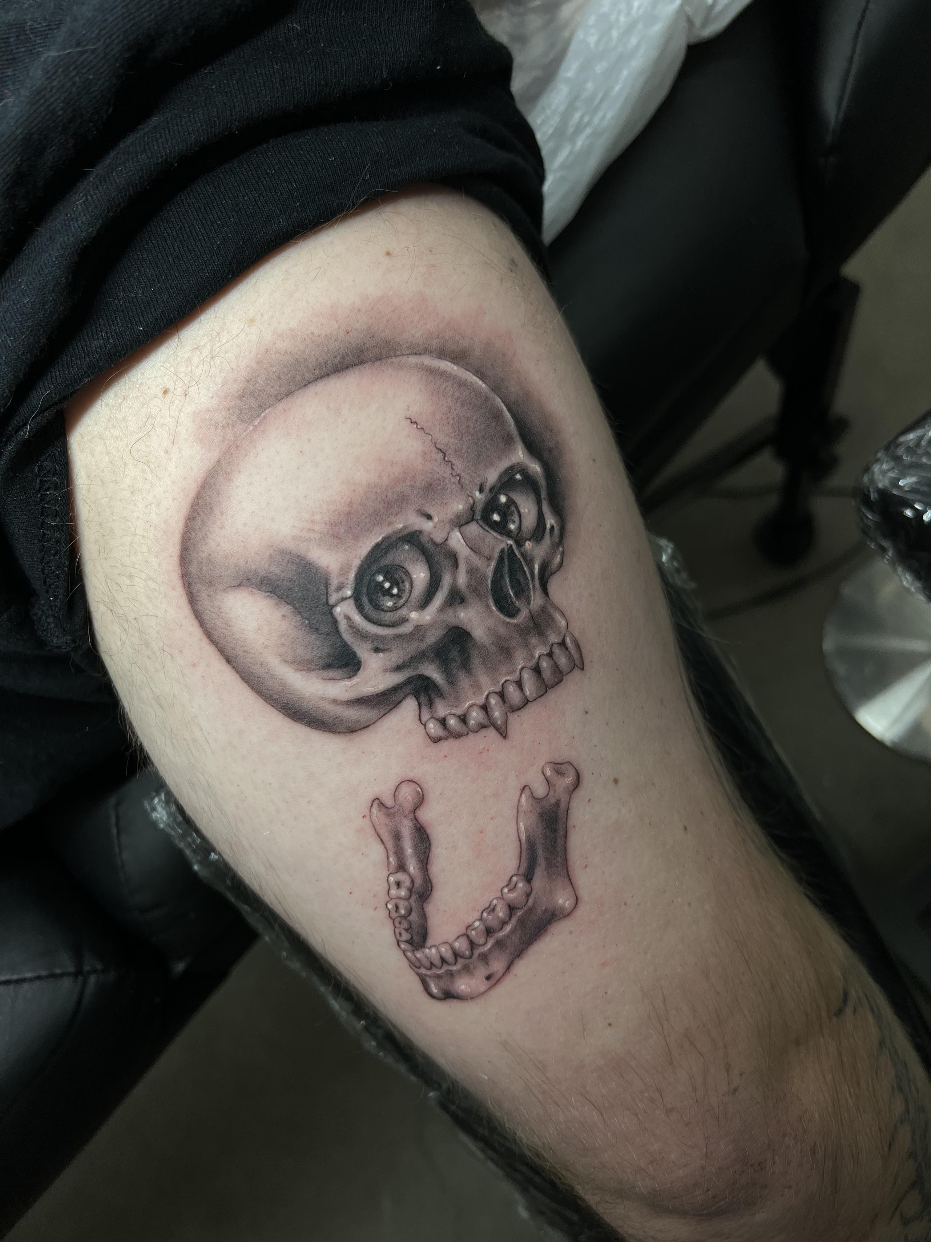 Skull and Jaw by Maddie Sanchez at Cyclops Tattoo, Yakima WA