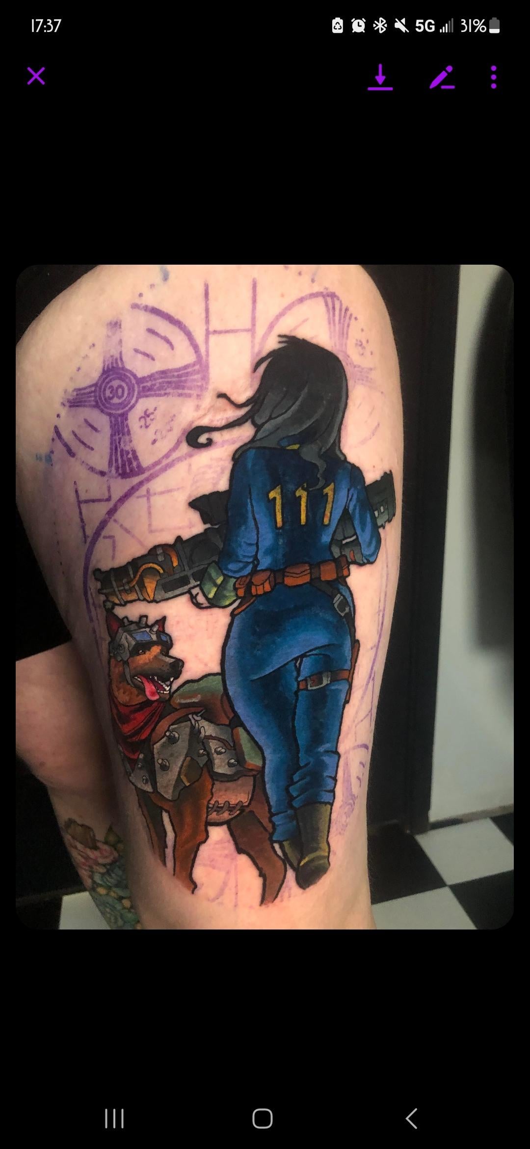 Start of a new Fallout leg sleeve, done at Studio 405 in okc. I’m obsessed.