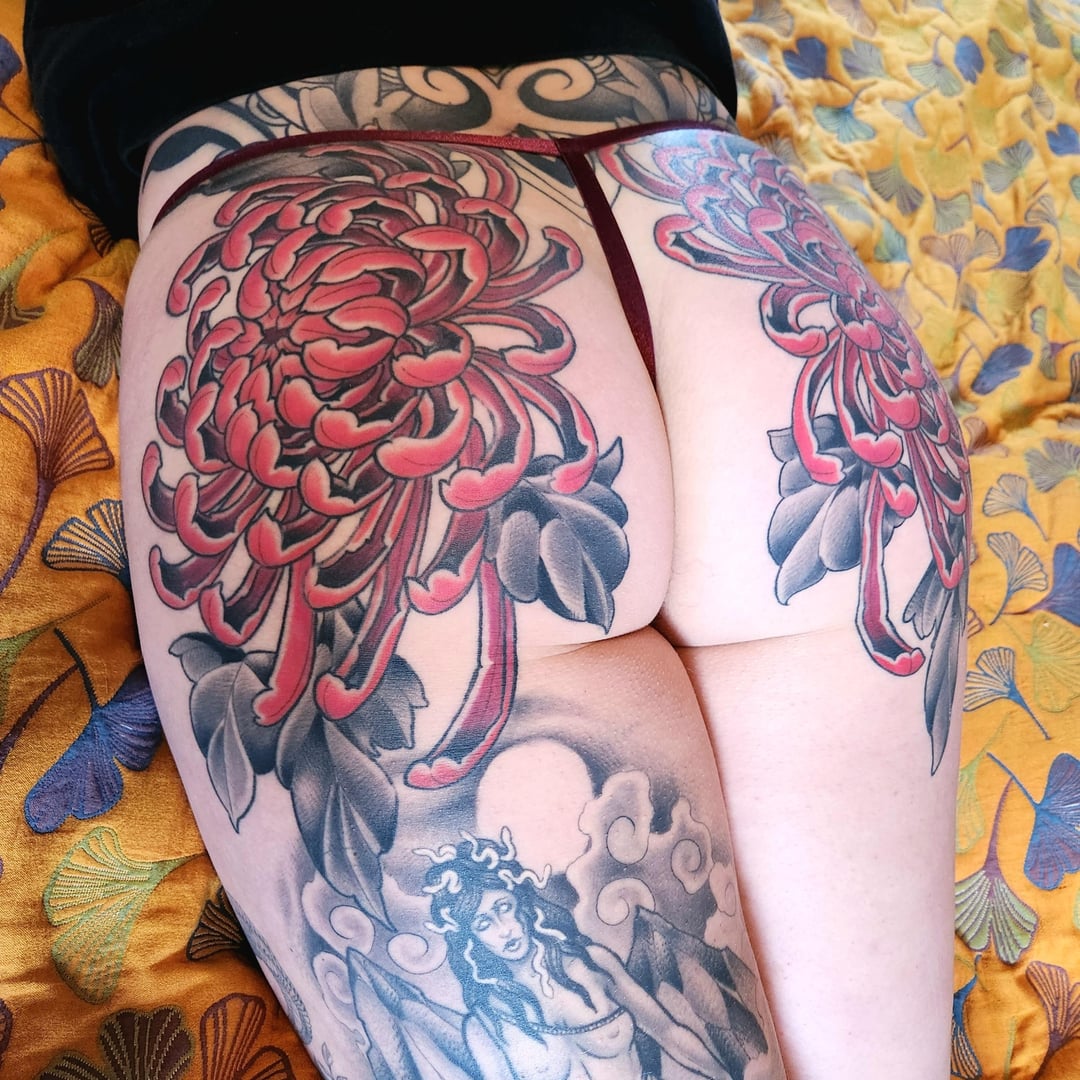 Chrysanthebum tattoo by Olivia at Aether Tattoo, Bozeman MT