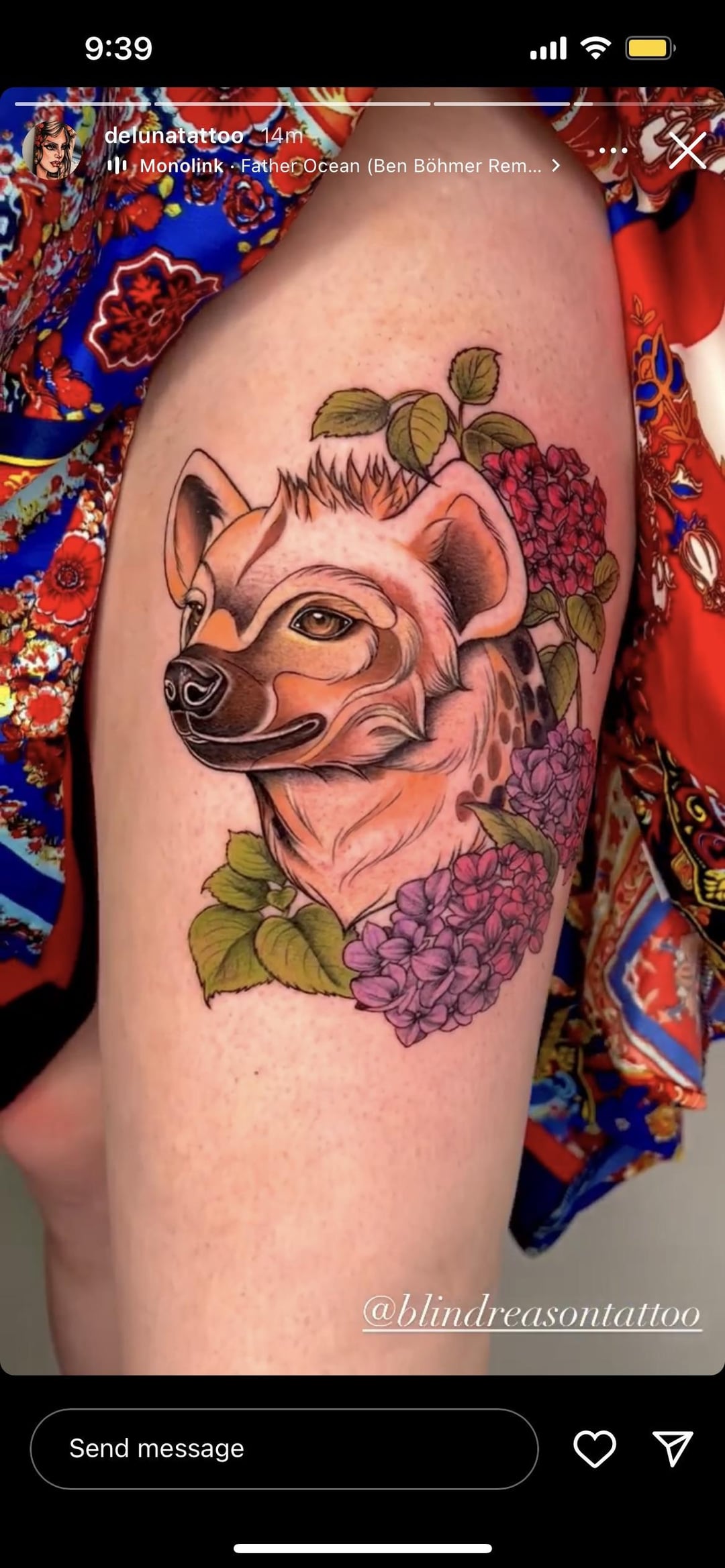 Spotted hyena by Sarah at Blindreason Tattoo, NYC