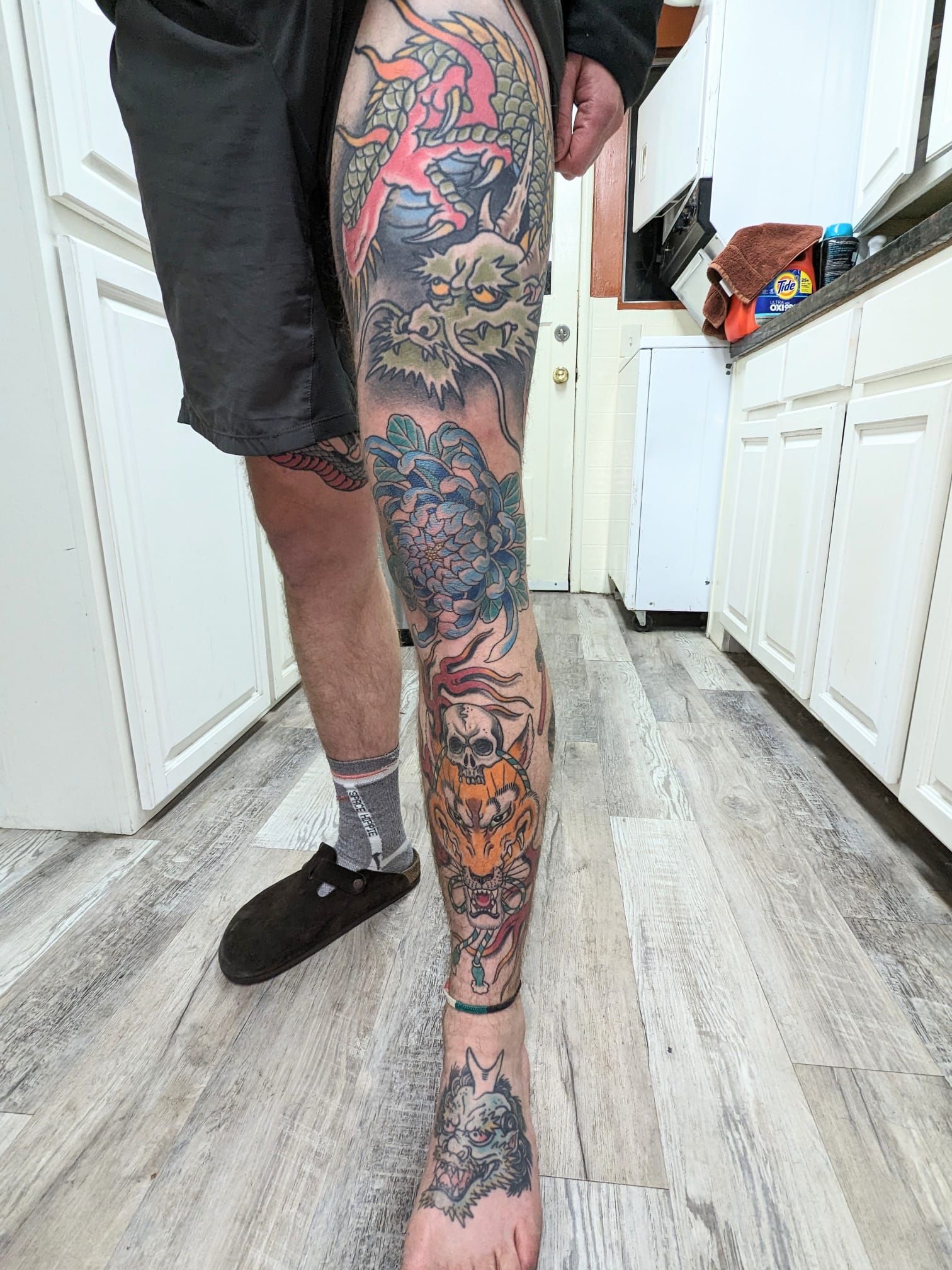 Left leg sleeve in progress – Tony Duong at War Horse Tattoo – Berkeley, CA