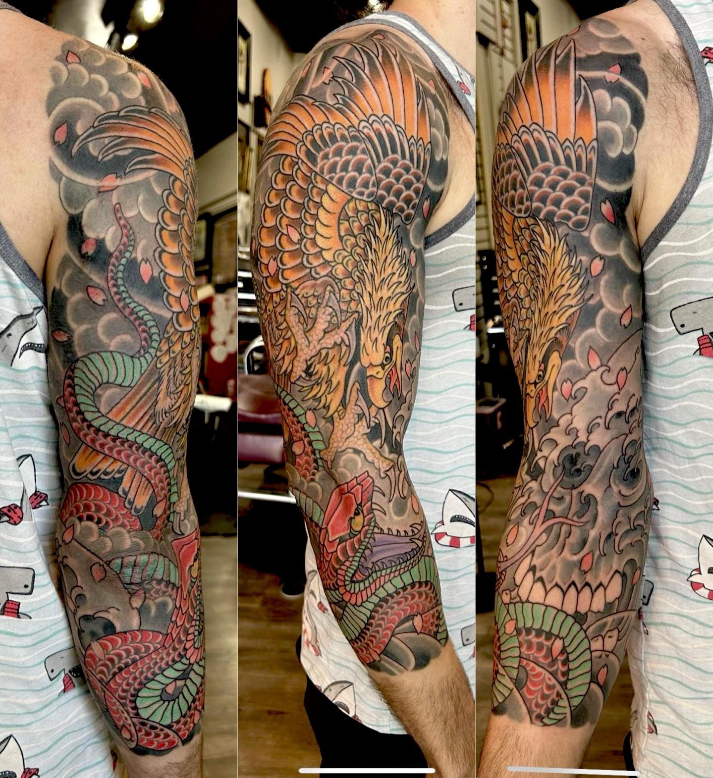 Eagle+Snake 3/4th sleeve by Chappy at Ironage Studios in Missouri