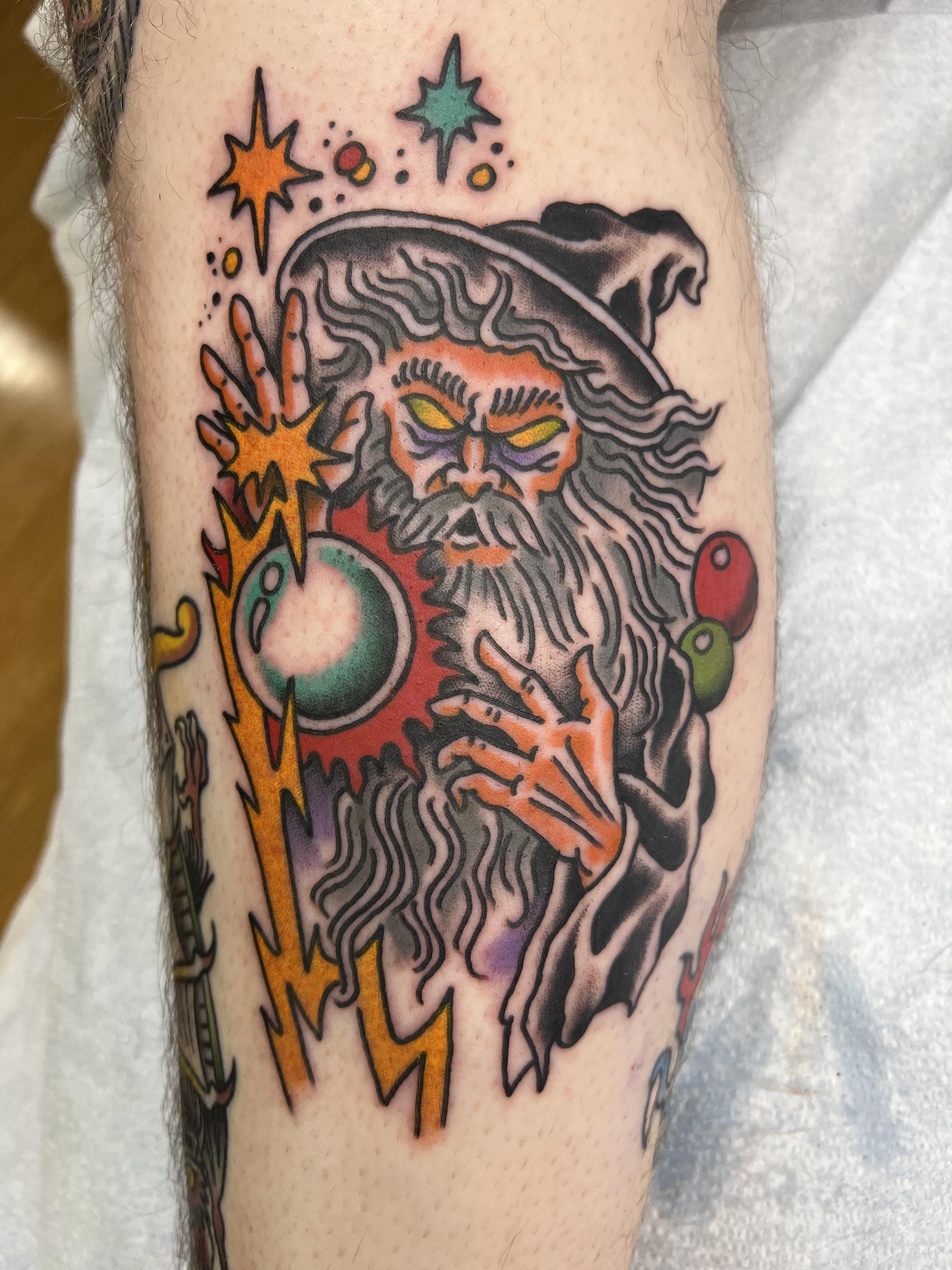 Wizard by Kevin Hamlin at Main Street Tattoo in Independence, Oregon.