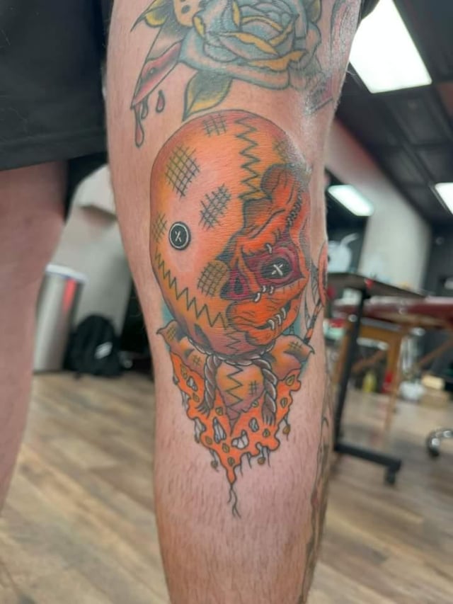 Sam from Trick ‘R Treat kneecap- Done by Vic at Velvet Rose in Lancaster, CA