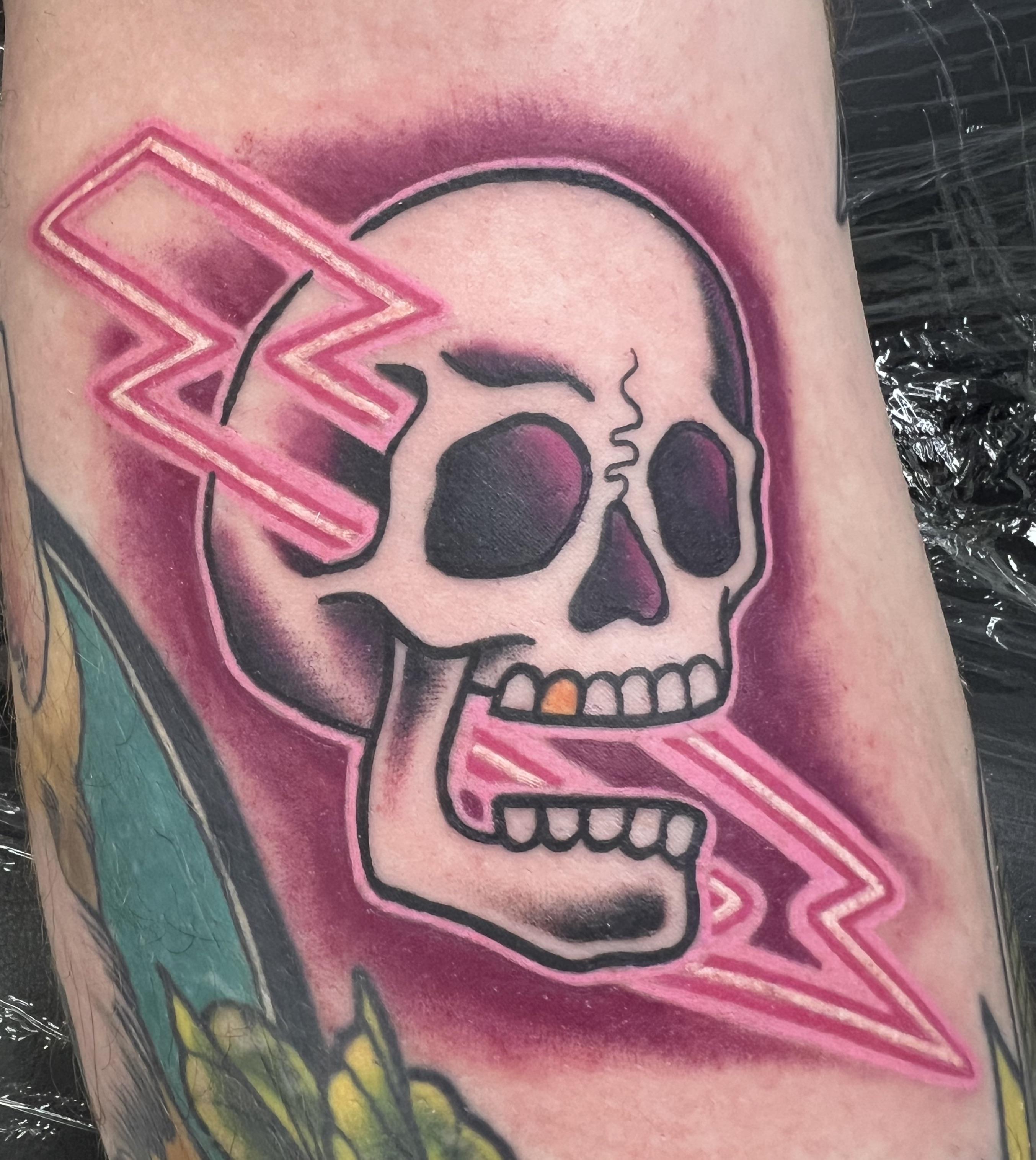 Neon traditional skull by me, Dan Anderson, Black Tide, Seaham, UK